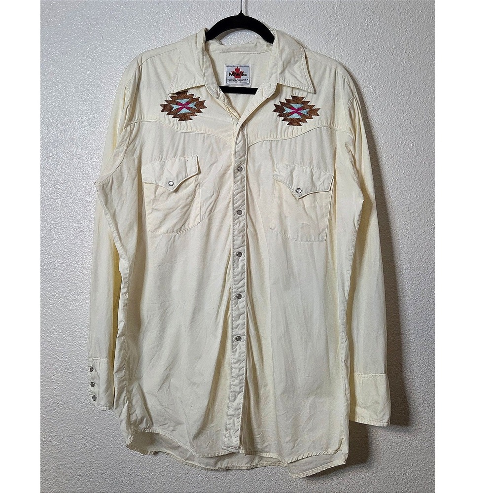 Vintage Western Pearl Snap Medium Cream Aztec Embroidered Rancher Cowboy